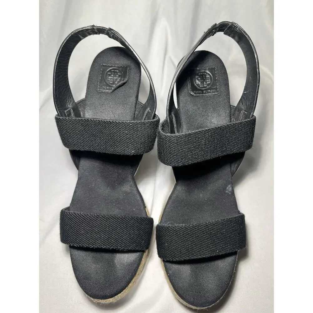 TORY BURCH‎ Sandals 8.5 Wedge Espadrille Black Two Band Platform 4.5